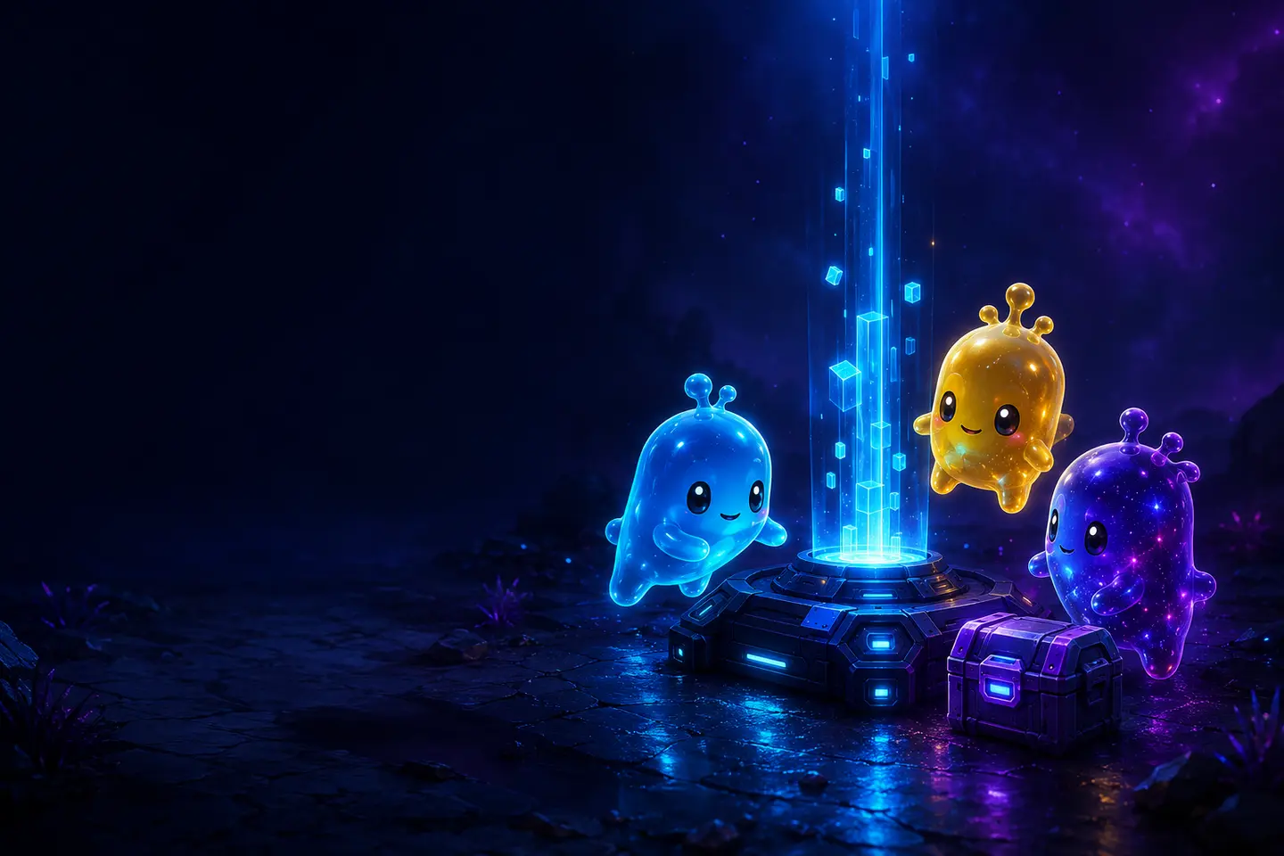 Elemental sprite companions appearing beside a glowing extraction beacon