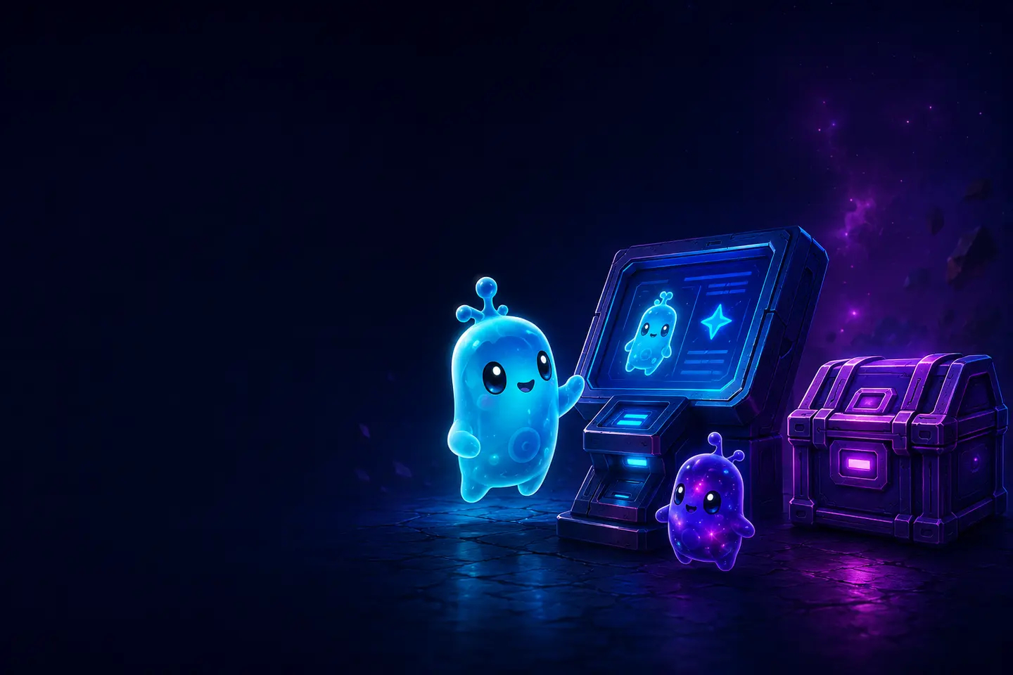 Helpful glowing sprite at a futuristic knowledge terminal