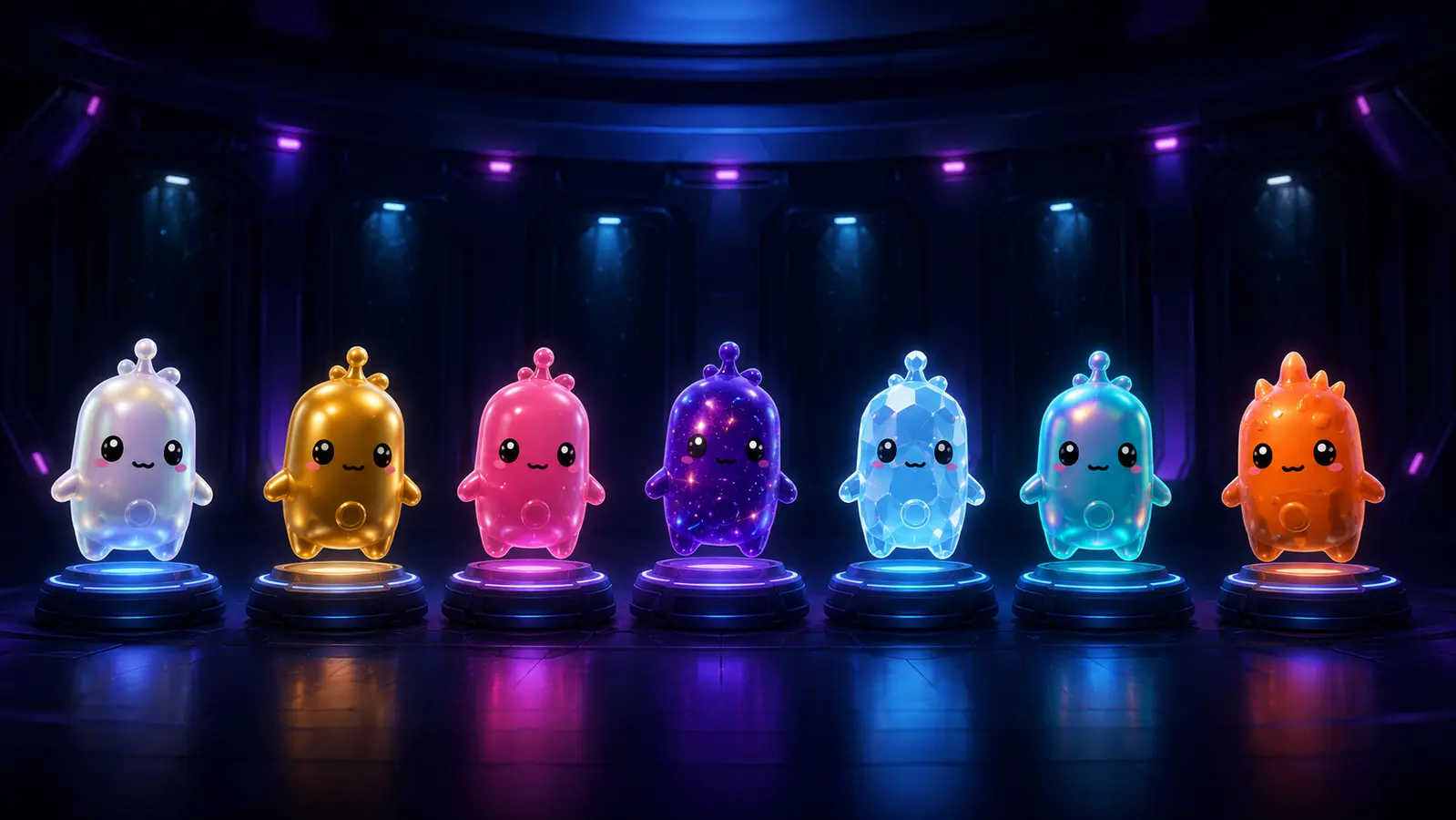 Seven sprite variants displayed in illuminated collection cases
