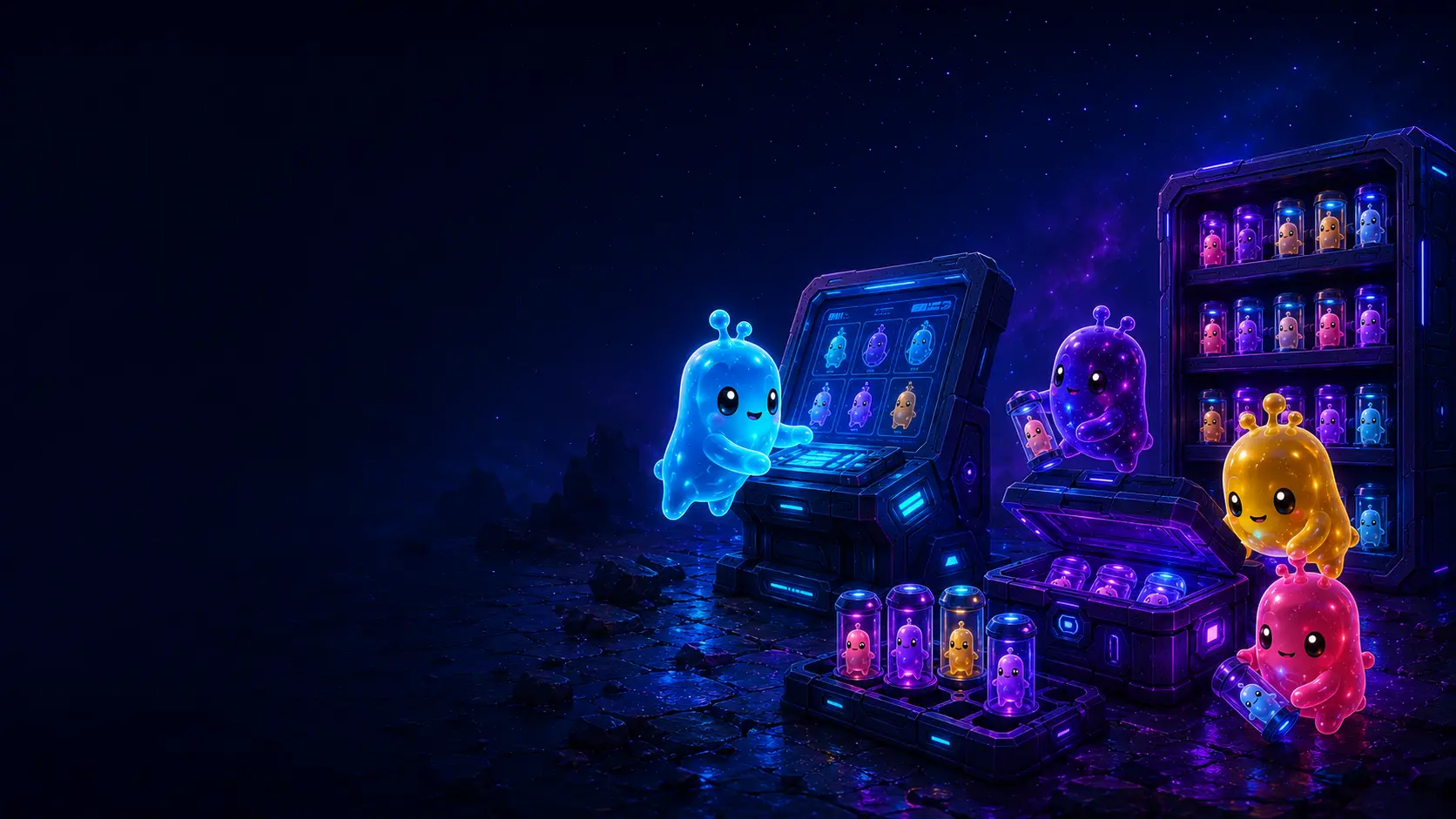 Colorful Sprites maintaining a glowing collection archive