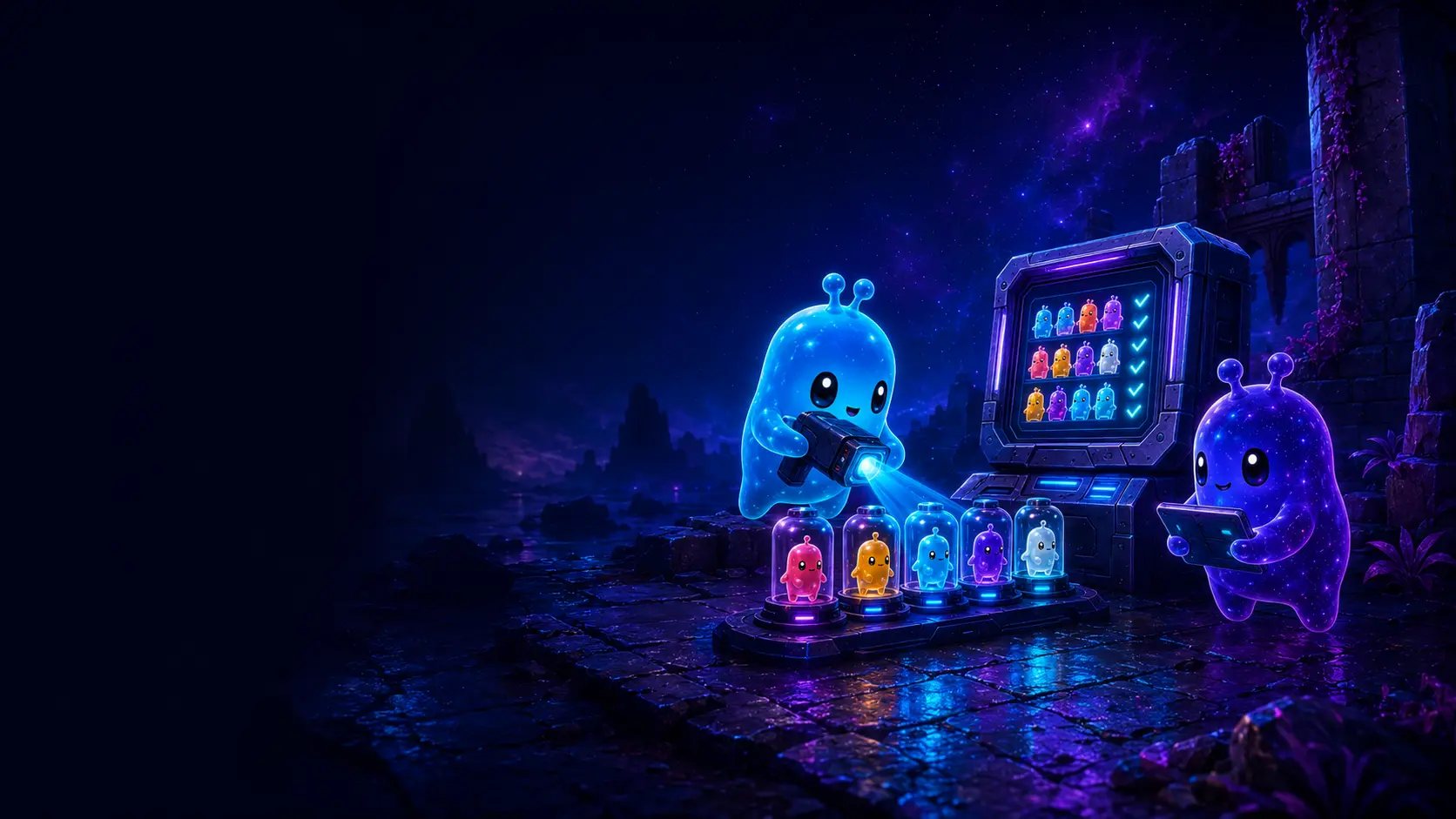 Blue and galaxy Sprites verifying collection capsules