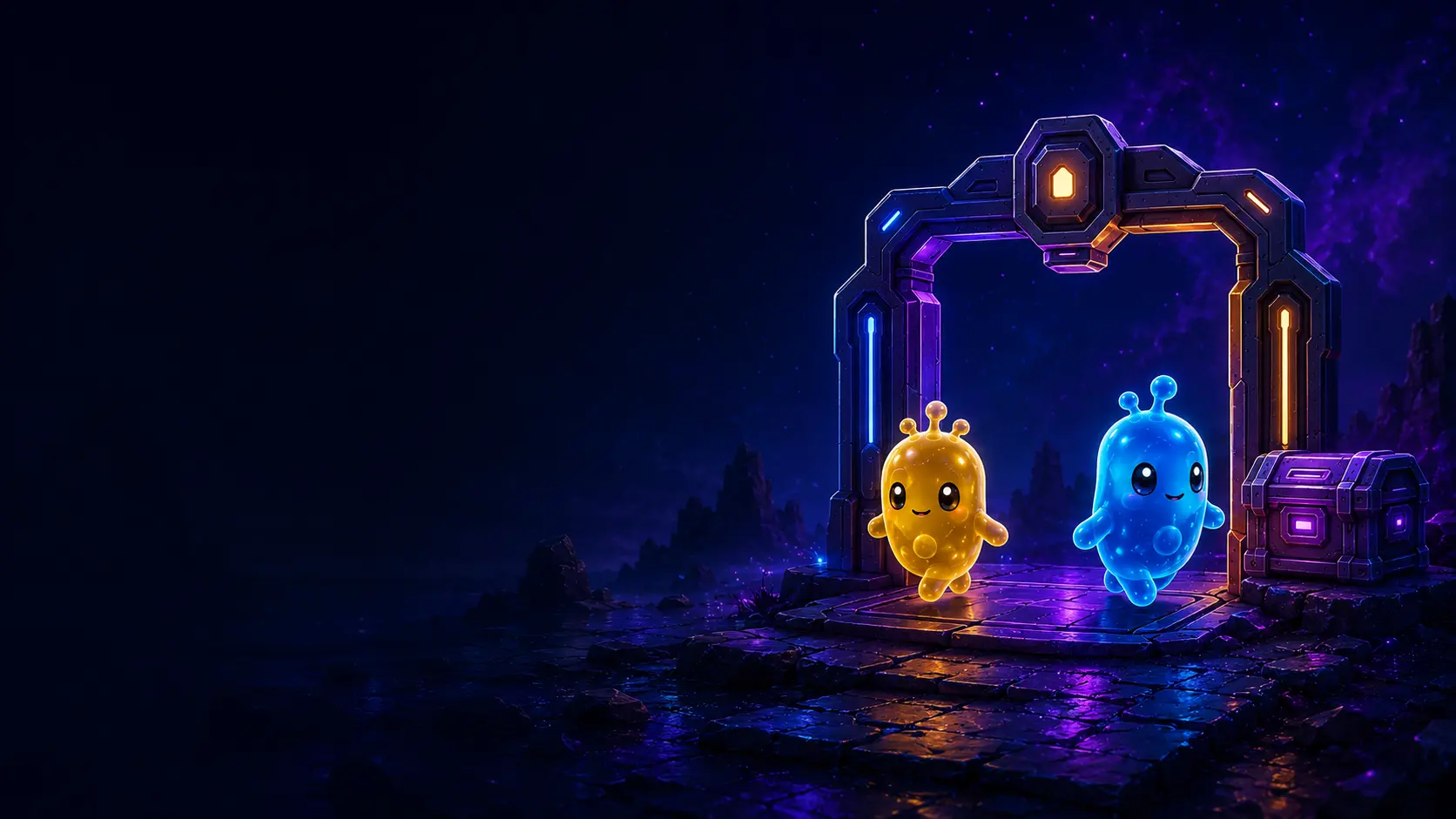 Gold and blue Sprites passing through a fair-use gate